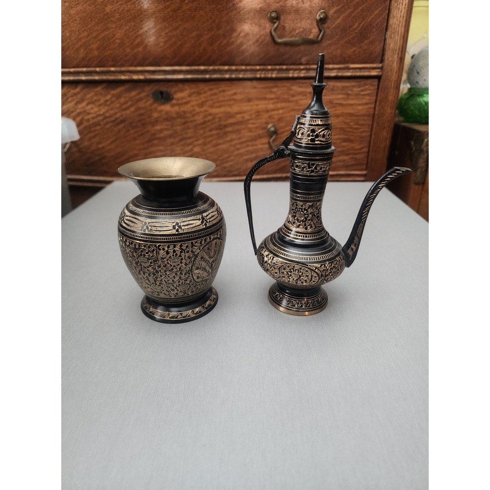 Vintage Indian Black Brass Engraved Ewer Vase Set Bird Floral Etched